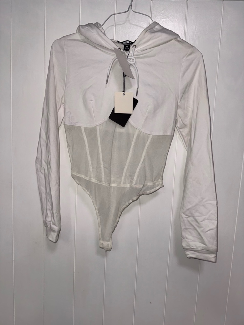 🔆NWT White Mesh-Panel Hooded Bodysuit Top - Women
